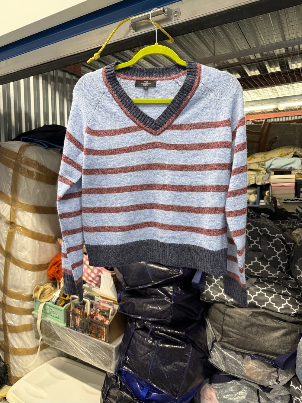 ViVI Light Blue and Rust Striped V-Neck Sweater with Charcoal Trim